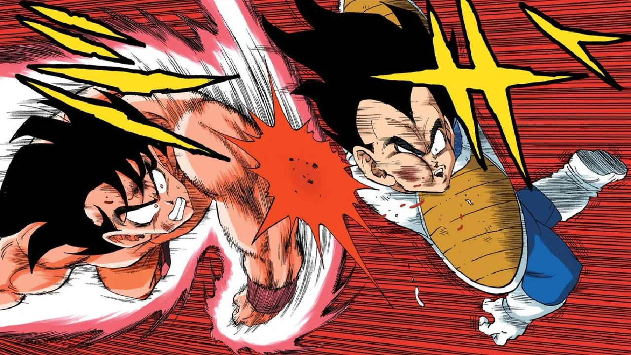 One of many legendary frames of the first Goku vs. Vegeta fight from the original Dragon Ball manga.